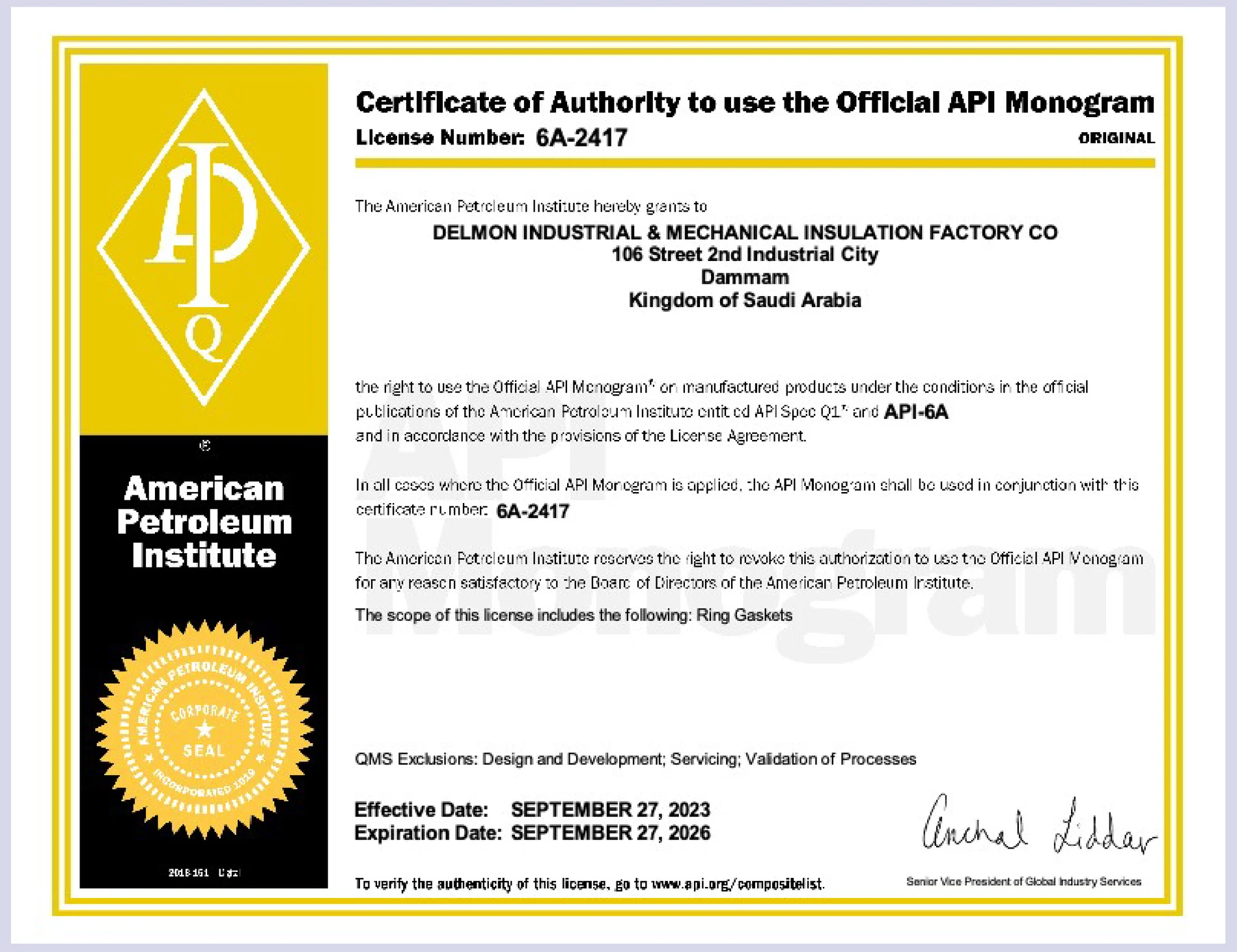 API Monogram licence 6A-2417 - effective 27/09/2023 to 27/09/2026