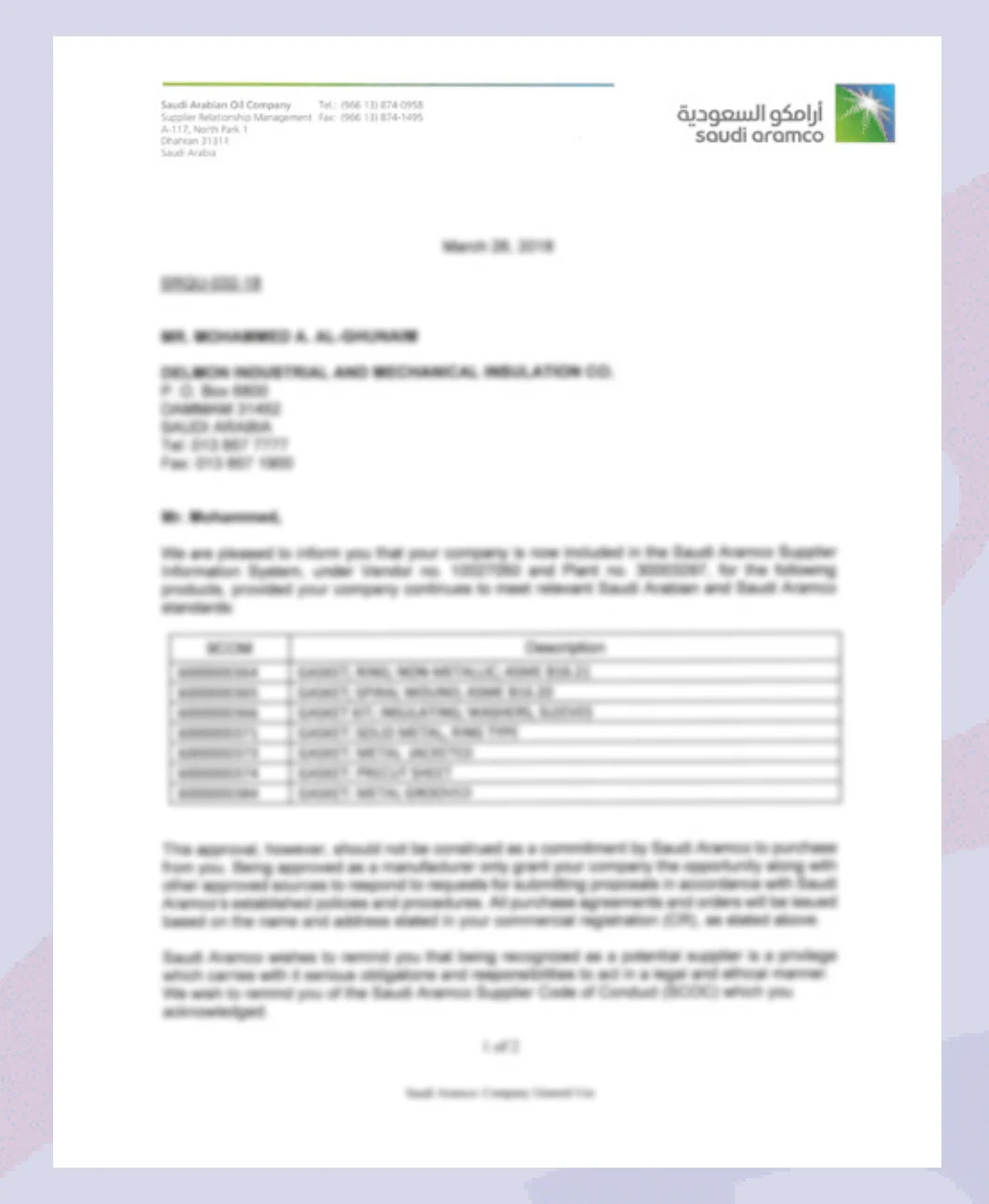 Saudi Aramco Supplier Information System letter (page 1 of 2) - available copy is low resolution