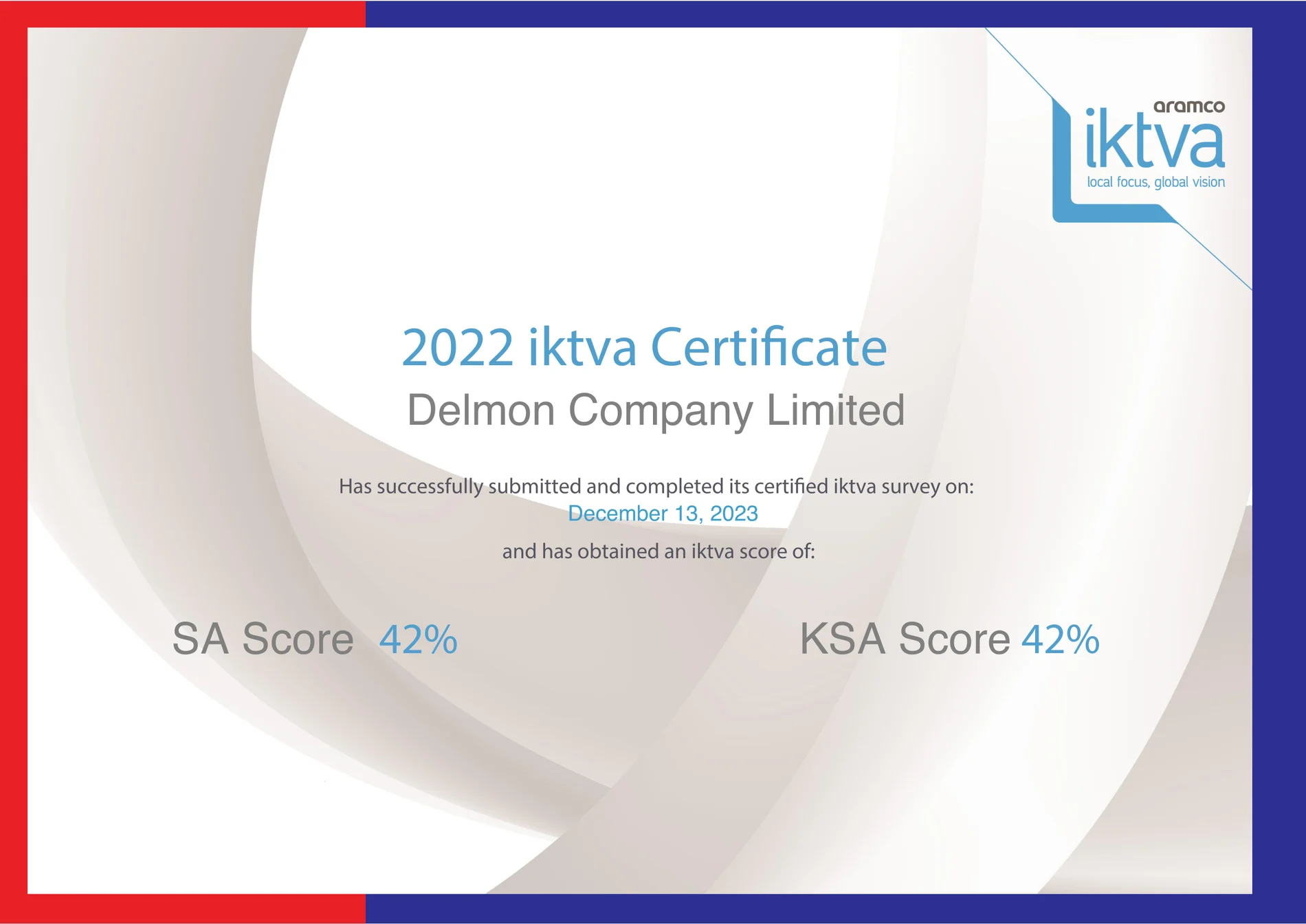 aramco iktva 2022 certificate - survey 13/12/2023, scores 42% / 42%