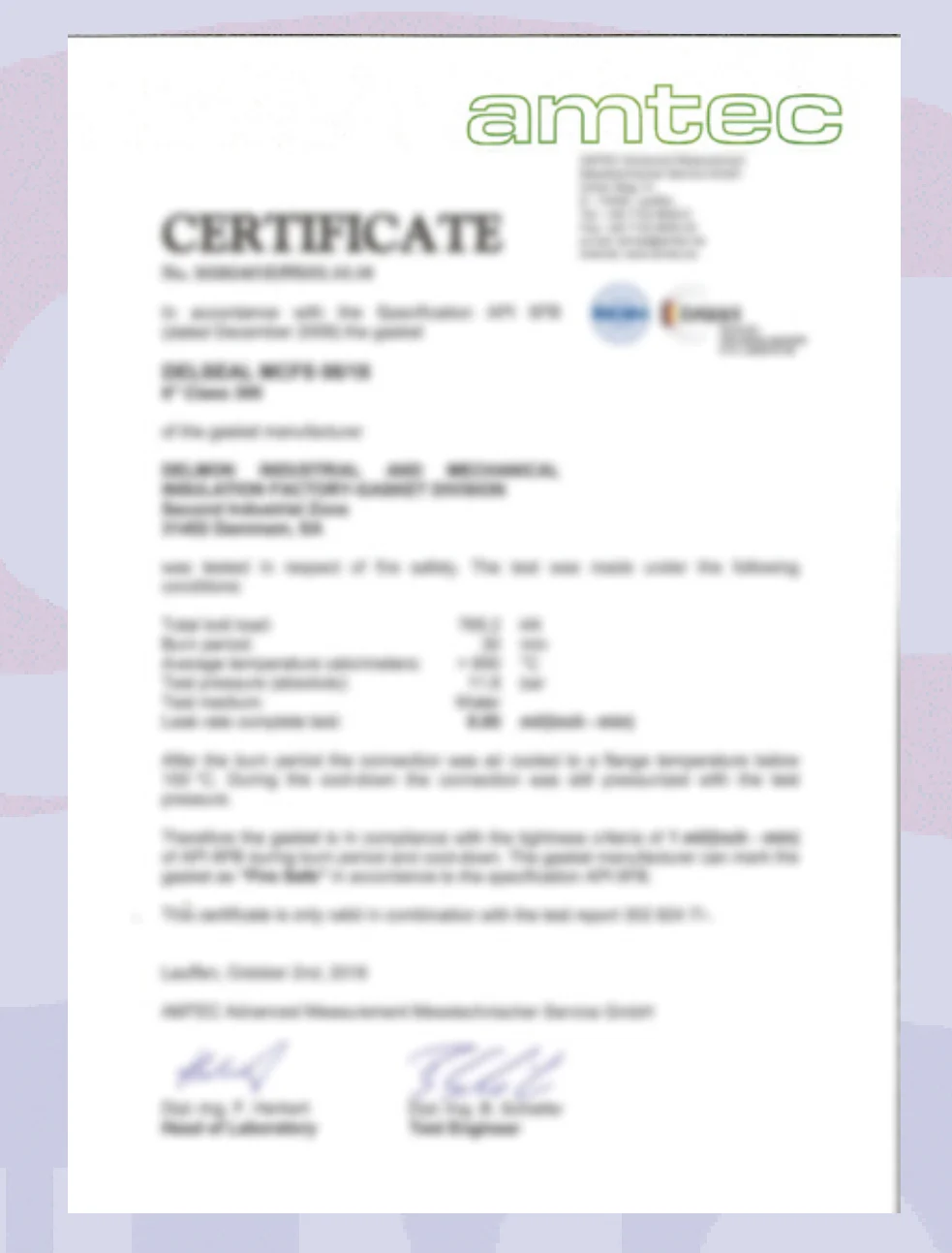 AMTEC API 6FB fire-safe certificate thumbnail - captioned 'DELSEAL MCFS FIRE SAFE CERTIFICATE AS PER API 6FB'