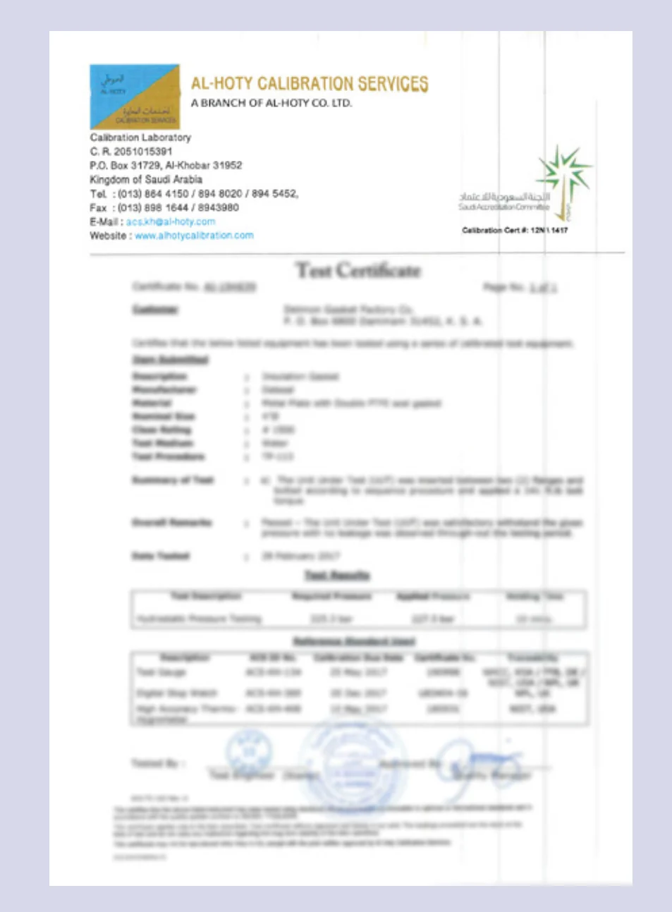 Hydrotest certificate thumbnail (425 bar) - captioned 'HYDROTEST DELSEAL MC 4" 1500# AT 425 BAR PRESSURE'