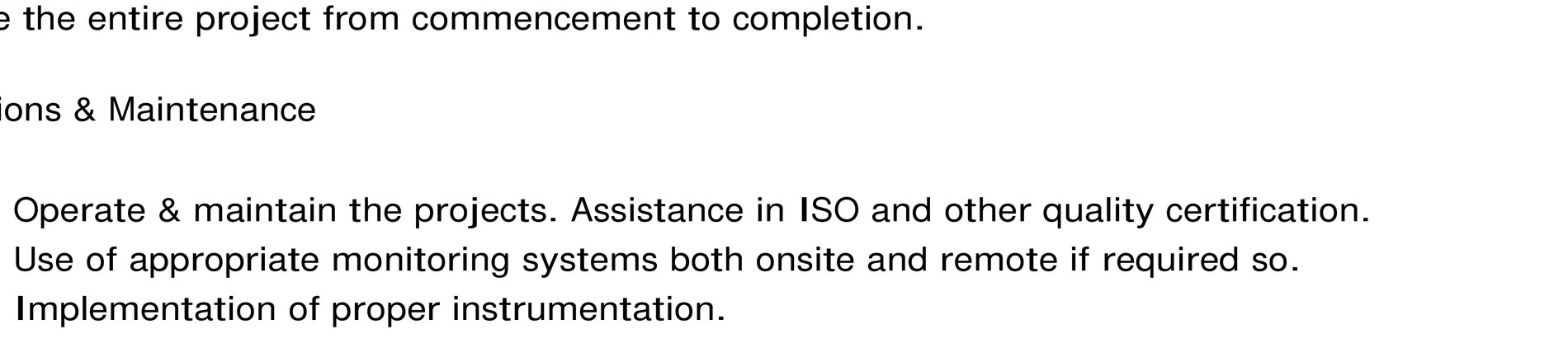 Solar Division service list containing the 'Assistance in ISO and other quality certification' line